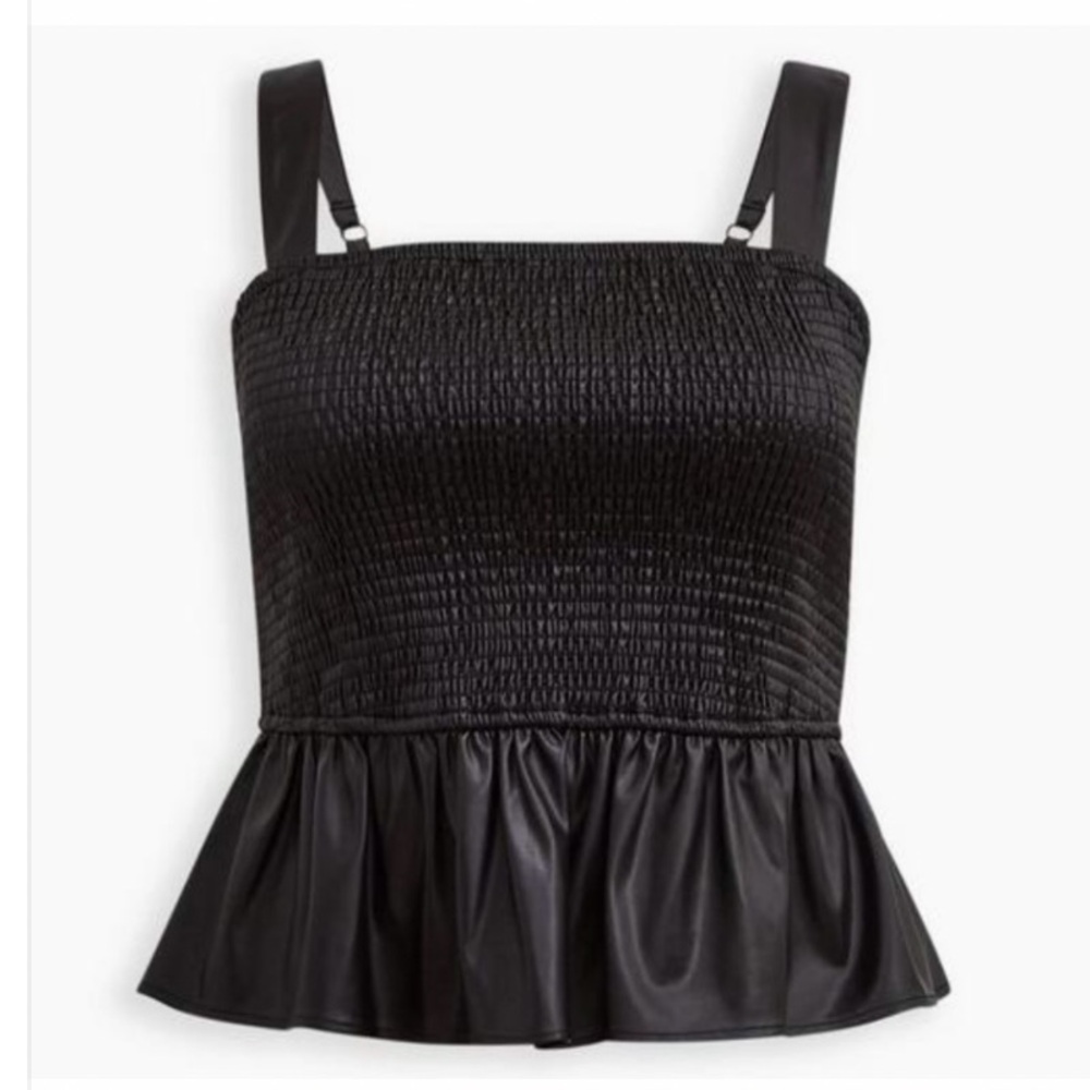 TORRID Faux Leather Black Sleeveless Peplum Smocked Cami Cropped Ruffle Top 10